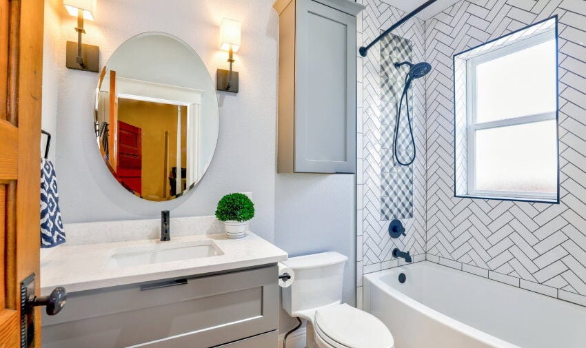 alt="A stylish bathroom with lights around the bathroom mirror and a plant below it, helping to keep the simple mirror stylish and modern, from Christa Grover at Pexels."