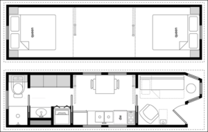 An example floor plan from CAD Pro showing two queen size beds upstairs, along with a living area downstairs which could - optionally - contain a pull out couch.