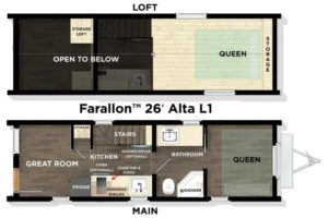 Tumbleweed's Farallon Alta 26' floor plan, showing ground and loft floors.