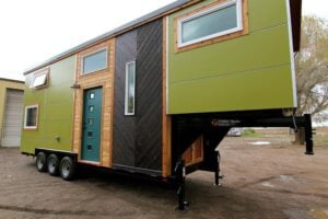 A tiny house gooseneck build on a Trailer Made trailer, from Elise and Clara's build by Michcraft Tiny Houses.