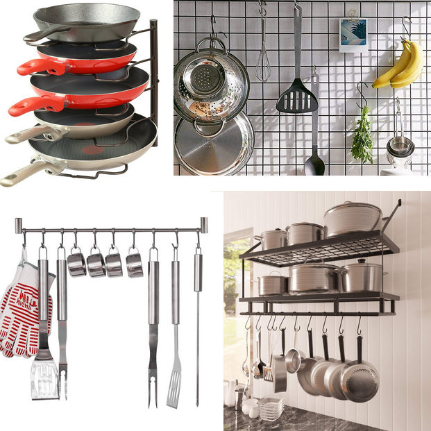 Four image collage showing pan vertical rack (top left), metal storage grid (top right), hanging rail (bottom left) and rack and pot shelf/rails (bottom right).