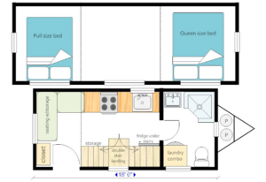 Mitchcraft's 18' floor plan containing two beds, both in the loft areas - a rarity for a sub-20' tiny home, but storage space will suffer as a result.
