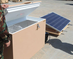 A solar-panel powered freezer unit used by the army in a remote location, from Wikipedia.