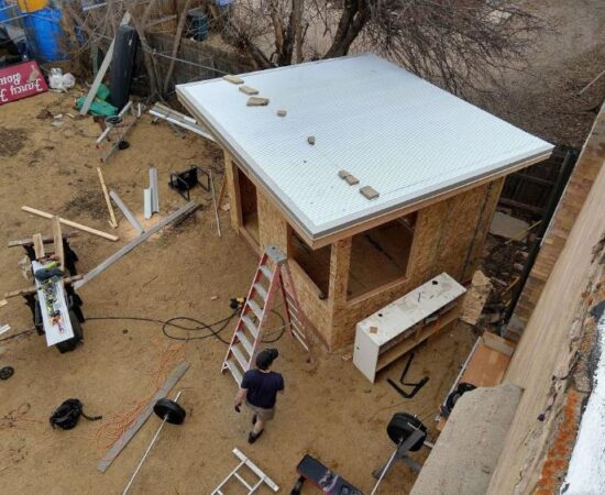 Backyard office aerial view showing a metal sheeting roof, from Mr Money Mustache.