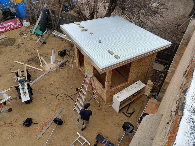 Backyard office aerial view showing a metal sheeting roof, from Mr Money Mustache.