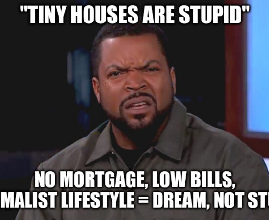 A meme of Ice Cube (confused face) with 'tiny houses are stupid' text at the top and 'no mortgage, low bills, minimalist lifestyle = dream, not stupid' text at the bottom.