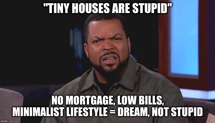 A meme of Ice Cube (confused face) with 'tiny houses are stupid' text at the top and 'no mortgage, low bills, minimalist lifestyle = dream, not stupid' text at the bottom.
