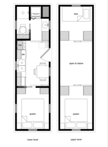 A three-full-bed Tiny House Design floor plan with a twin and queen upstairs (no storage loft) and a queen bedroom (separate room) downstairs.