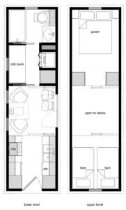 A 28' tiny house floor plan containing three beds upstairs (two twins squeezed into a single loft, plus a queen) and then a separate crib bunk downstairs which could fit another two children. In other words, there are six sleeping spaces available.